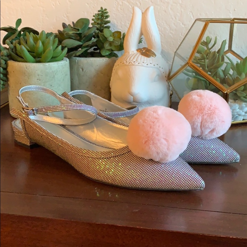 ASOS silver sparkle flats with pink pompom